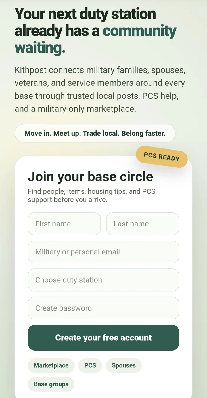 Kithpost join your base circle signup screen on a phone