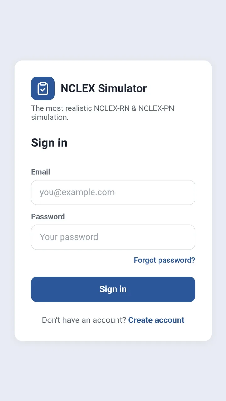 NCLEX Simulator app sign in screen on a phone